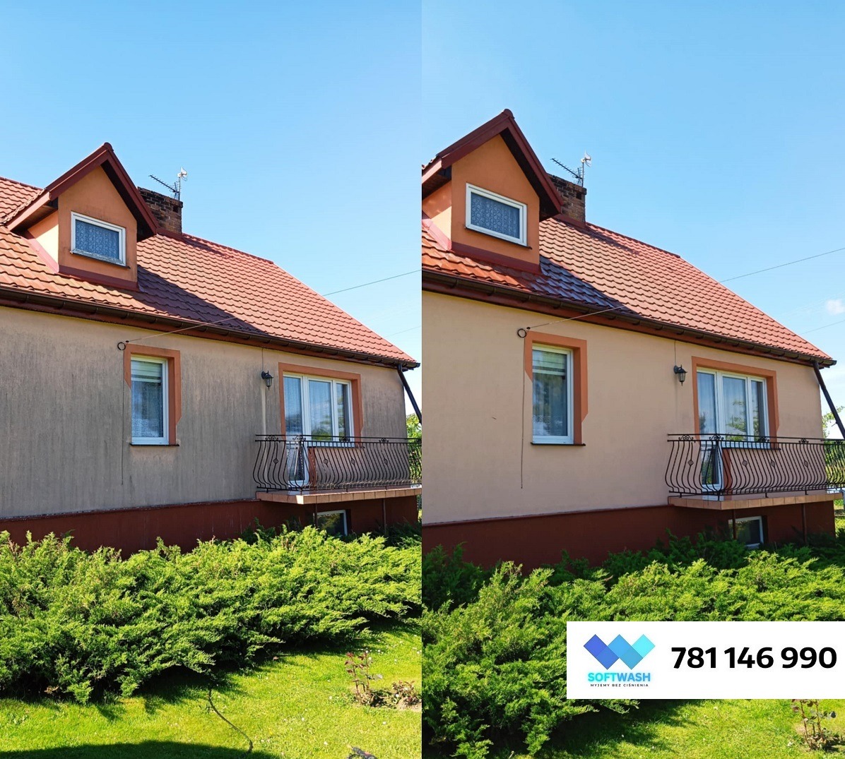 Efekt mycia elewacji domu w Kraśniku, widoczny podział na część wyczyszczoną i zabrudzoną. Prezentacja usługi mycia elewacji z użyciem techniki bezciśnieniowej.