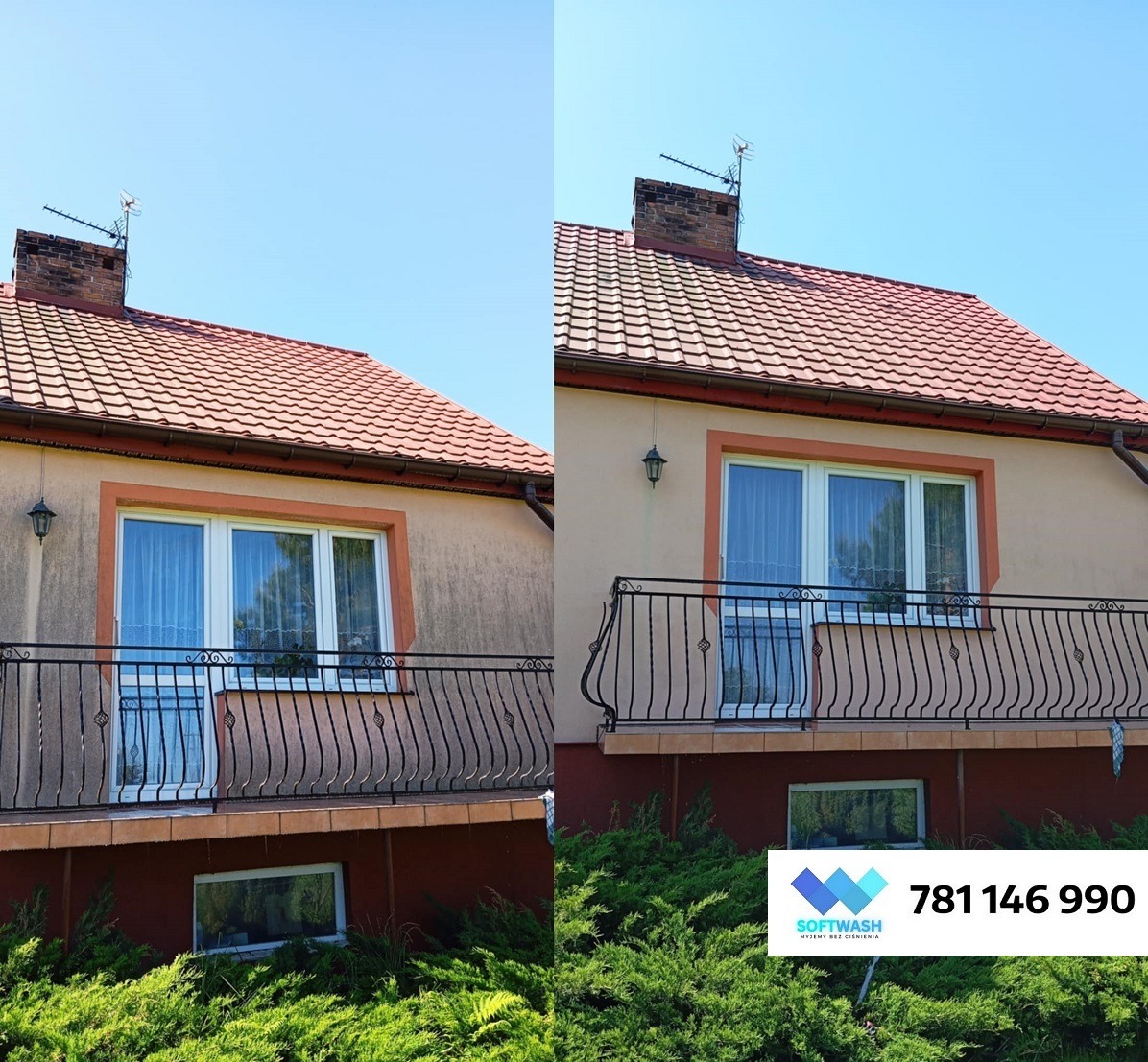 Zdjęcie elewacji domu przed i po czyszczeniu. Po lewej stronie widoczny brudny budynek, po prawej czysta elewacja. Balustrada balkonu i zieleń w dole kadru.