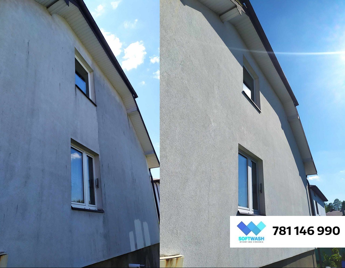 Elewacja domu przed i po czyszczeniu, widoczne różnice w kolorze i czystości. Po prawej stronie logo firmy i numer telefonu.