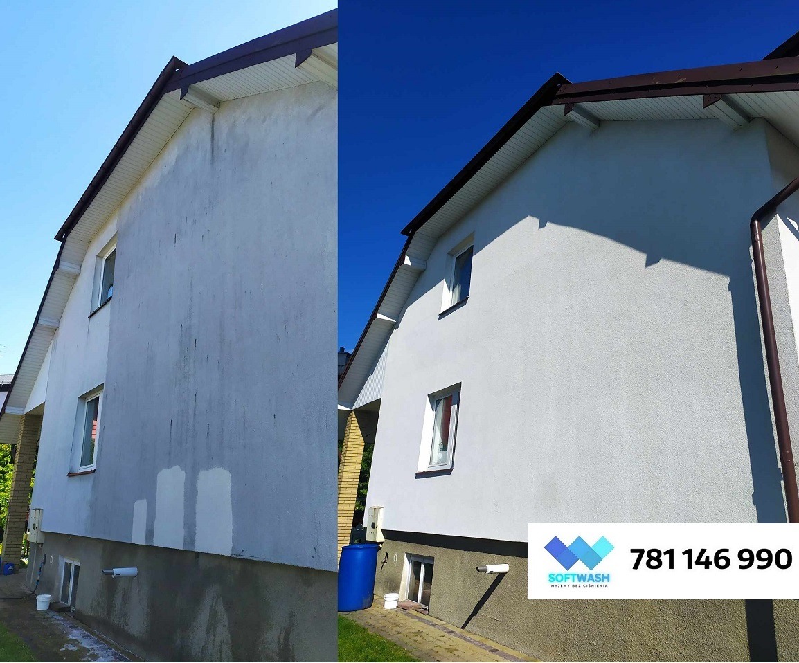 Dom dwukondygnacyjny: lewa strona elewacji brudna, prawa po czyszczeniu. Widoczny fragment dachu, okna i podmurówka. Na dole logo firmy i numer telefonu.