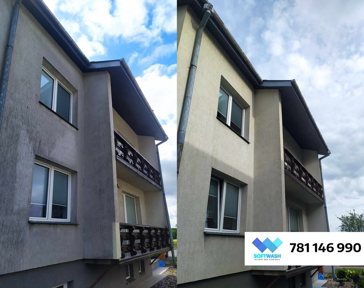 Dwukondygnacyjny dom z balkonem, prezentujący efekt przed i po czyszczeniu elewacji. Po prawej stronie widoczna czysta elewacja, po lewej zabrudzona.
