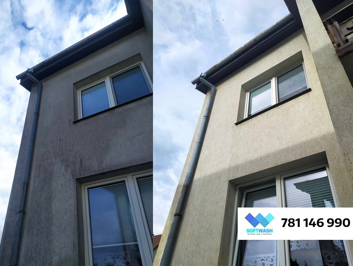 Elewacja budynku przed i po czyszczeniu, widoczne różnice w kolorze i czystości. Ujęcie z dołu, z widocznym fragmentem nieba i logotypem firmy.