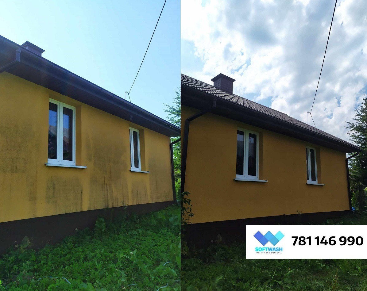 Żółta elewacja domu przed i po czyszczeniu. Widoczne wyraźne różnice w czystości ściany, od zabrudzonej do odświeżonej. Na dole logo firmy i numer telefonu.