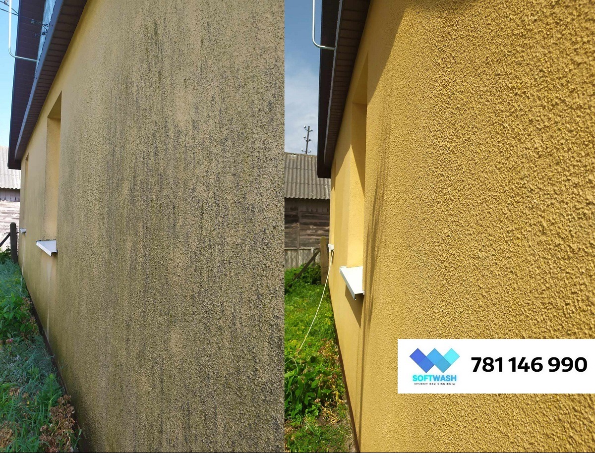 Żółta elewacja domu: lewa strona przed czyszczeniem, widoczne zabrudzenia; prawa strona po czyszczeniu, czysta. W prawym dolnym rogu logo firmy i numer telefonu.
