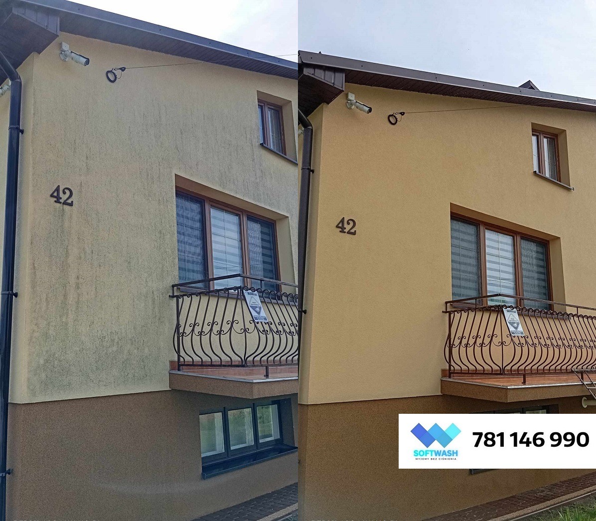 Elewacja domu przed i po czyszczeniu, widoczna różnica w kolorze i czystości. Numer domu '42' i balkon z ozdobną balustradą. Reklama firmy z numerem telefonu.