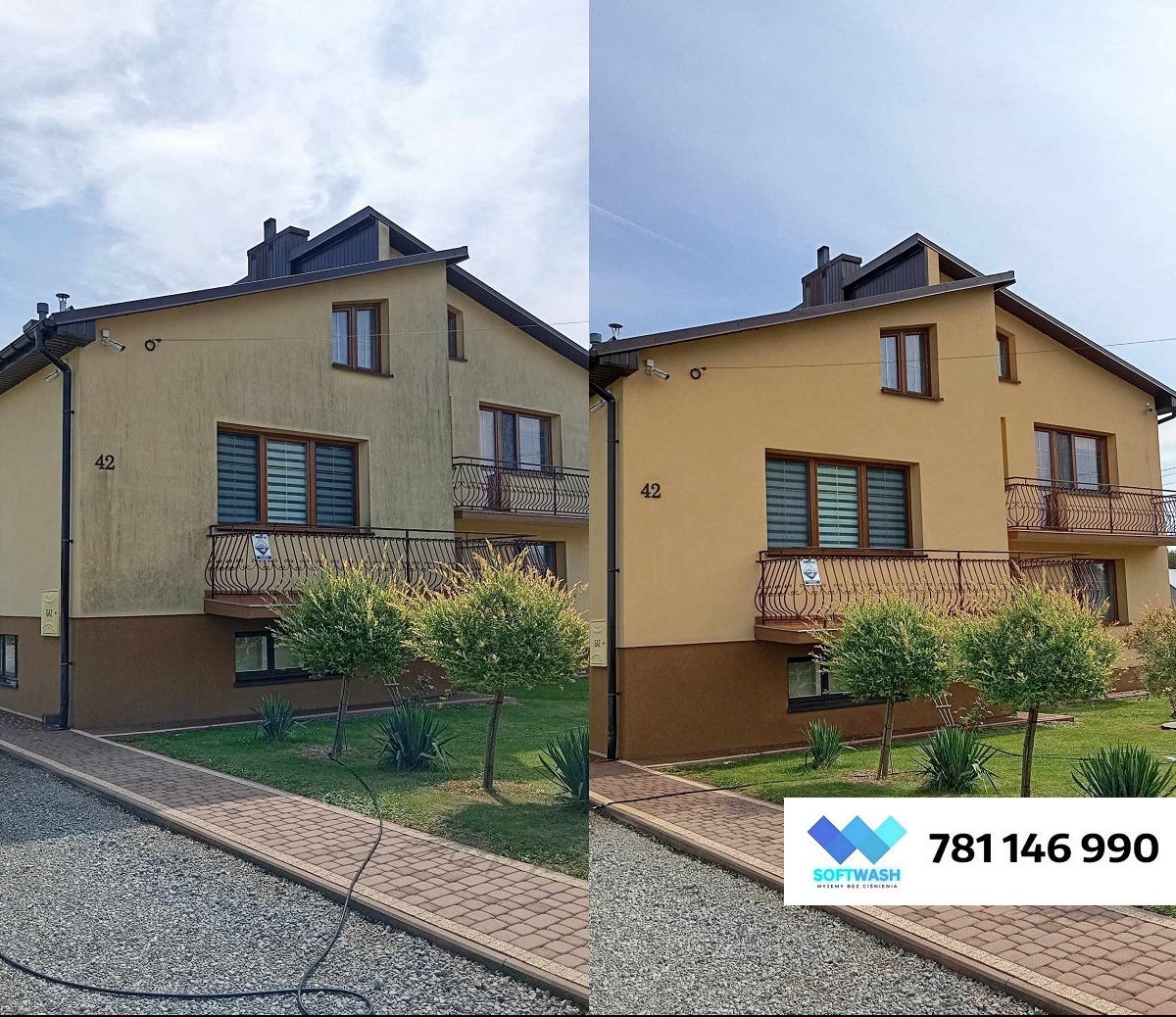 Dom przed i po czyszczeniu elewacji, widoczne różnice w kolorze i czystości. Po prawej stronie logo firmy Softwash.