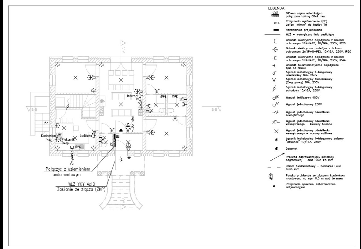 Rzut instalacji elektrycznej domu jednorodzinnego z naniesionymi symbolami gniazd, oświetlenia i uziemień. Legenda objaśnia oznaczenia. Widoczne nazwy pomieszczeń.