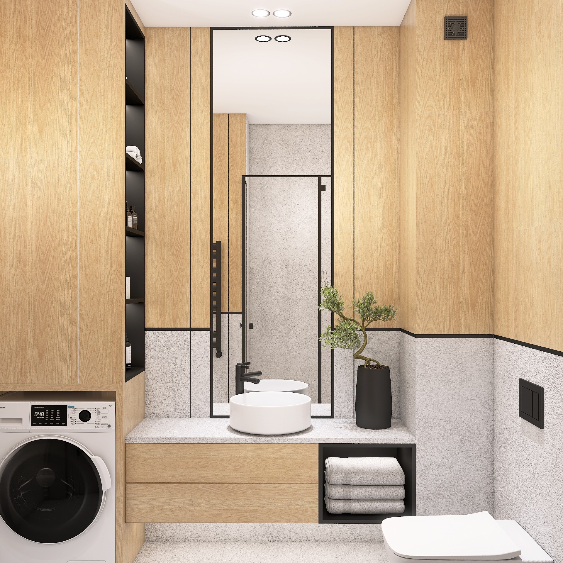 Nowoczesna łazienka z drewnianymi szafkami, białą umywalką i pralką. Minimalistyczny design z rośliną w czarnej doniczce. Oświetlenie punktowe.