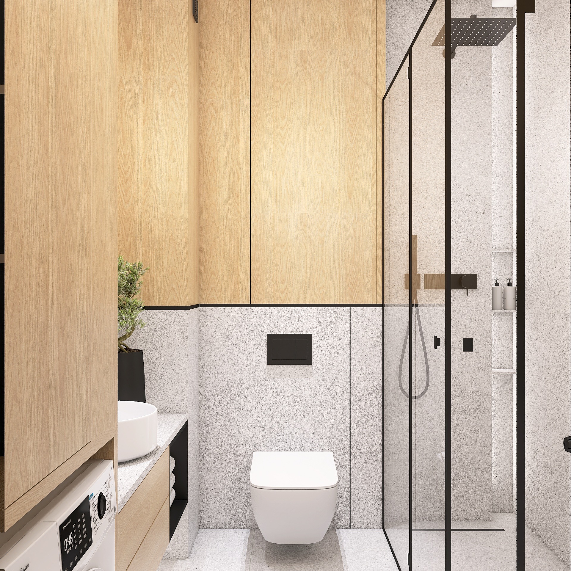 Nowoczesna łazienka z drewnianymi szafkami, białą umywalką i toaletą. Kabina prysznicowa ze szklanymi ścianami i czarnymi detalami. Minimalistyczny design z rośliną doniczkową.
