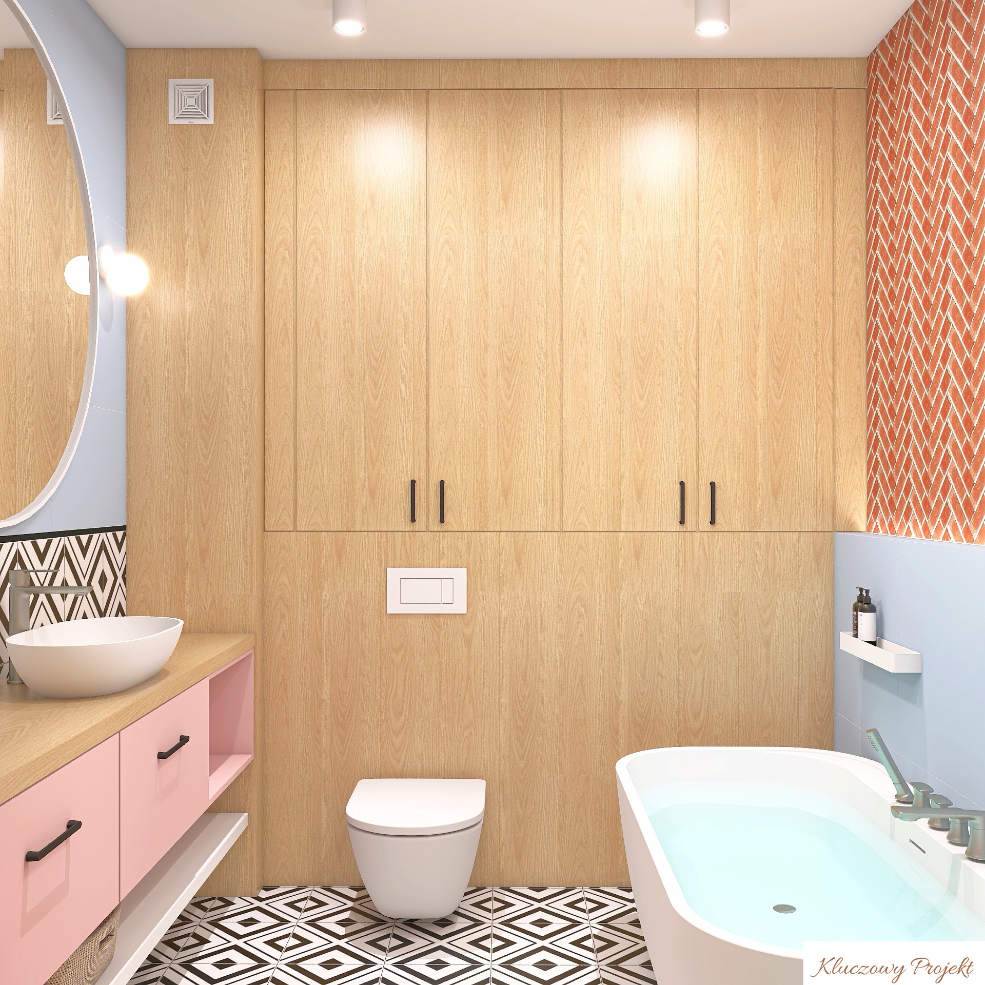 Nowoczesna łazienka z drewnianymi szafkami, różową szafką pod umywalką i wzorzystą podłogą. Ciekawy detal: ściana z cegieł ułożonych w jodełkę.