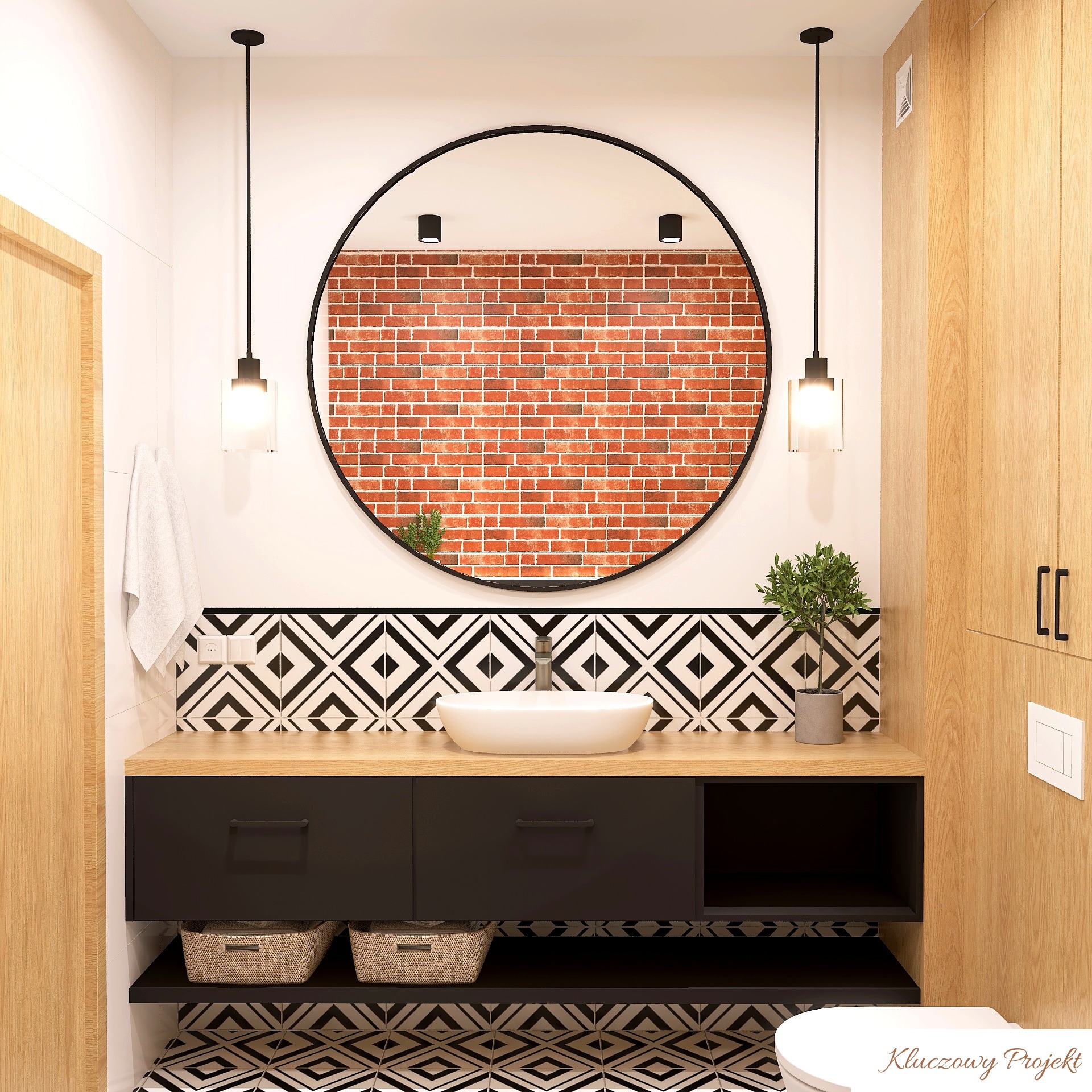 Nowoczesna łazienka z okrągłym lustrem, wzorzystymi płytkami i drewnianymi akcentami. Widoczne oświetlenie punktowe i wiszące lampy. Minimalistyczny design z roślinami.