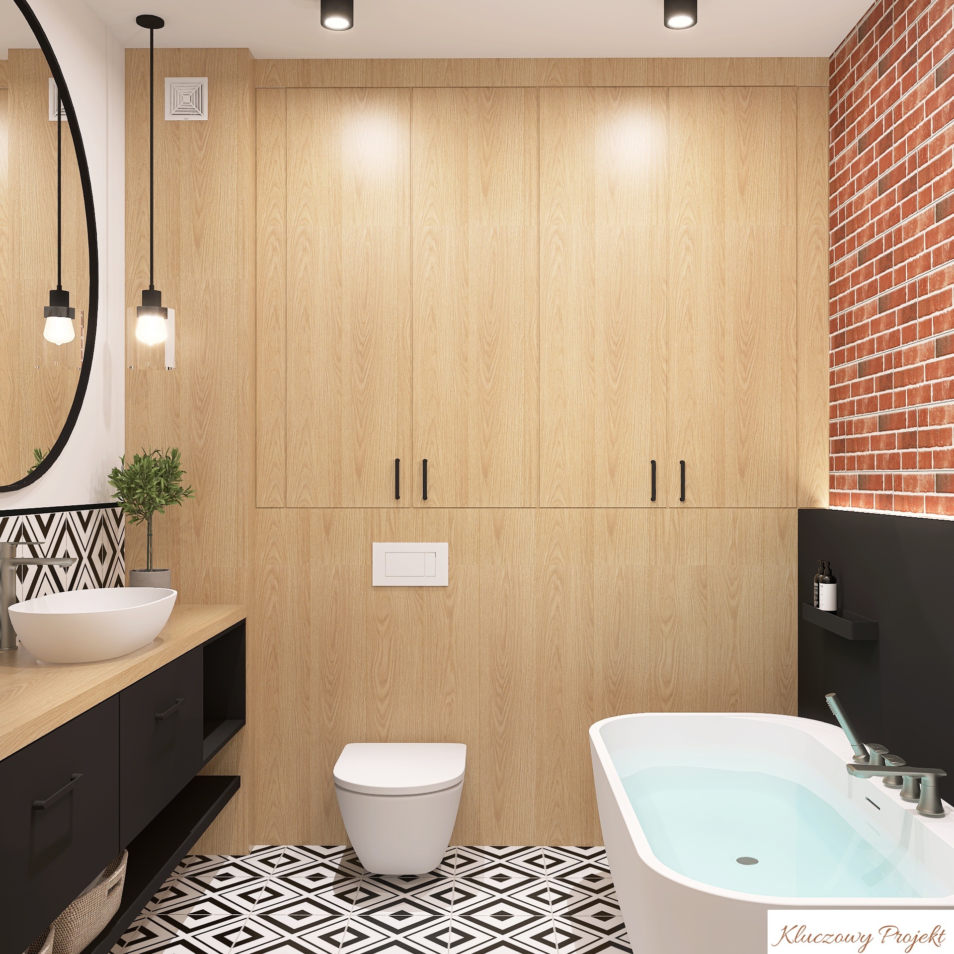 Nowoczesna łazienka z drewnianą zabudową, białą armaturą i wzorzystą podłogą. Ściana z cegły dodaje charakteru. Minimalistyczne oświetlenie i czarne akcenty.