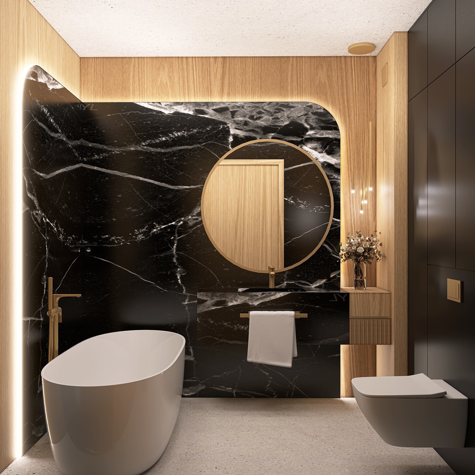 Nowoczesna łazienka z czarnym marmurem, drewnianymi akcentami i okrągłym lustrem. Minimalistyczna armatura w kolorze złota. Oświetlenie LED podkreśla elegancję wnętrza.