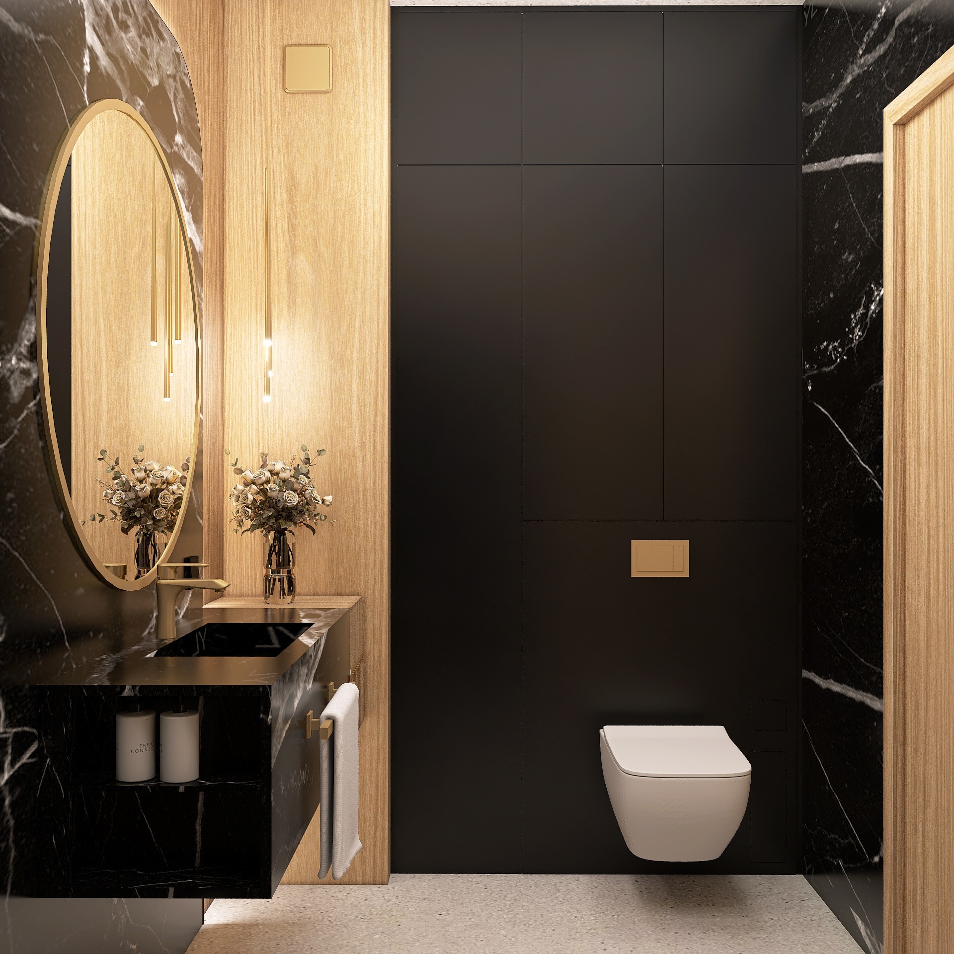 Elegancka łazienka w Warszawie: czarny marmur, złote akcenty, owalne lustro i minimalistyczna toaleta podwieszana. Nowoczesny design z dbałością o detale.