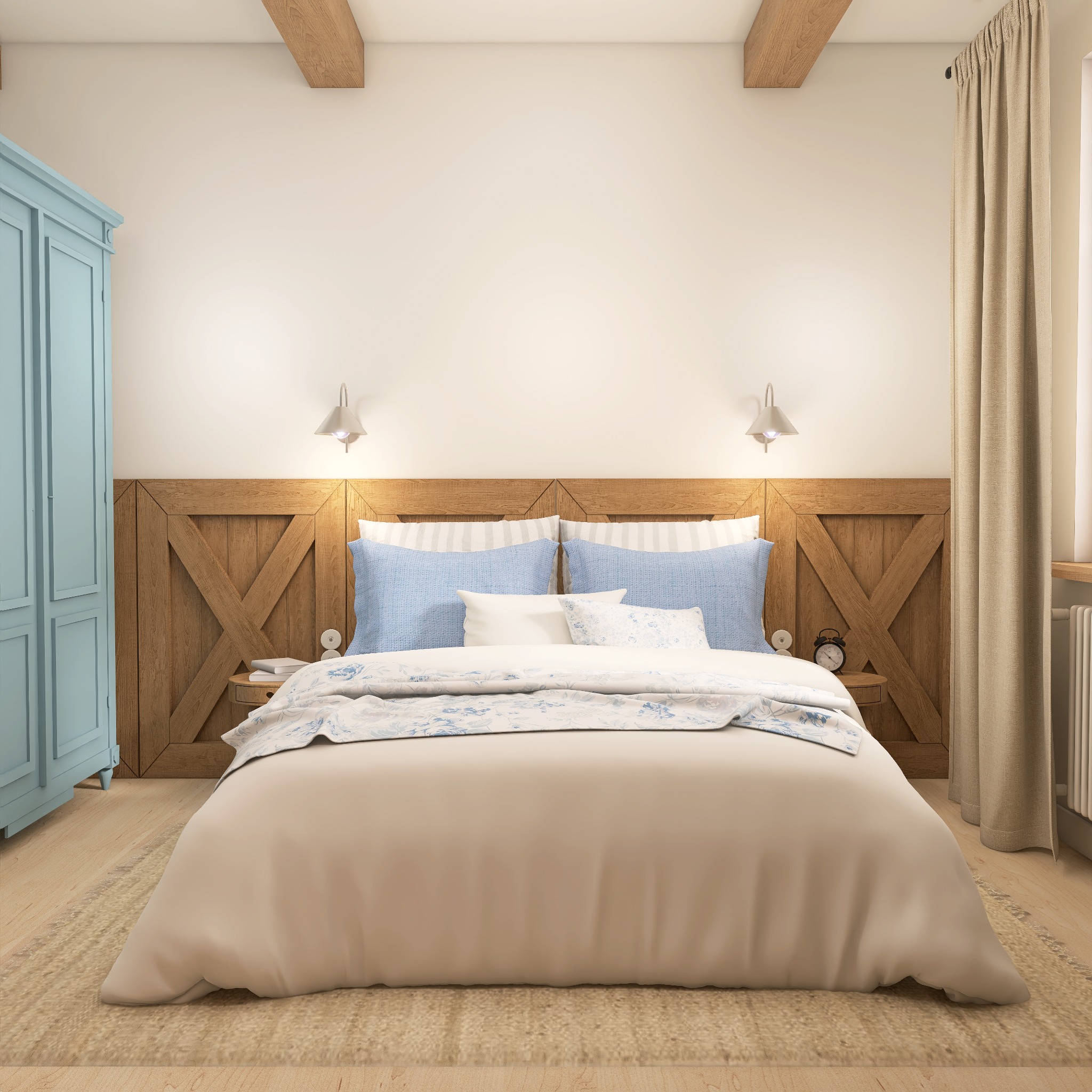Jasna sypialnia w stylu rustykalnym: drewniane belki, łóżko z drewnianym wezgłowiem, błękitna szafa i beżowe zasłony. Przytulne oświetlenie, dywan z juty.