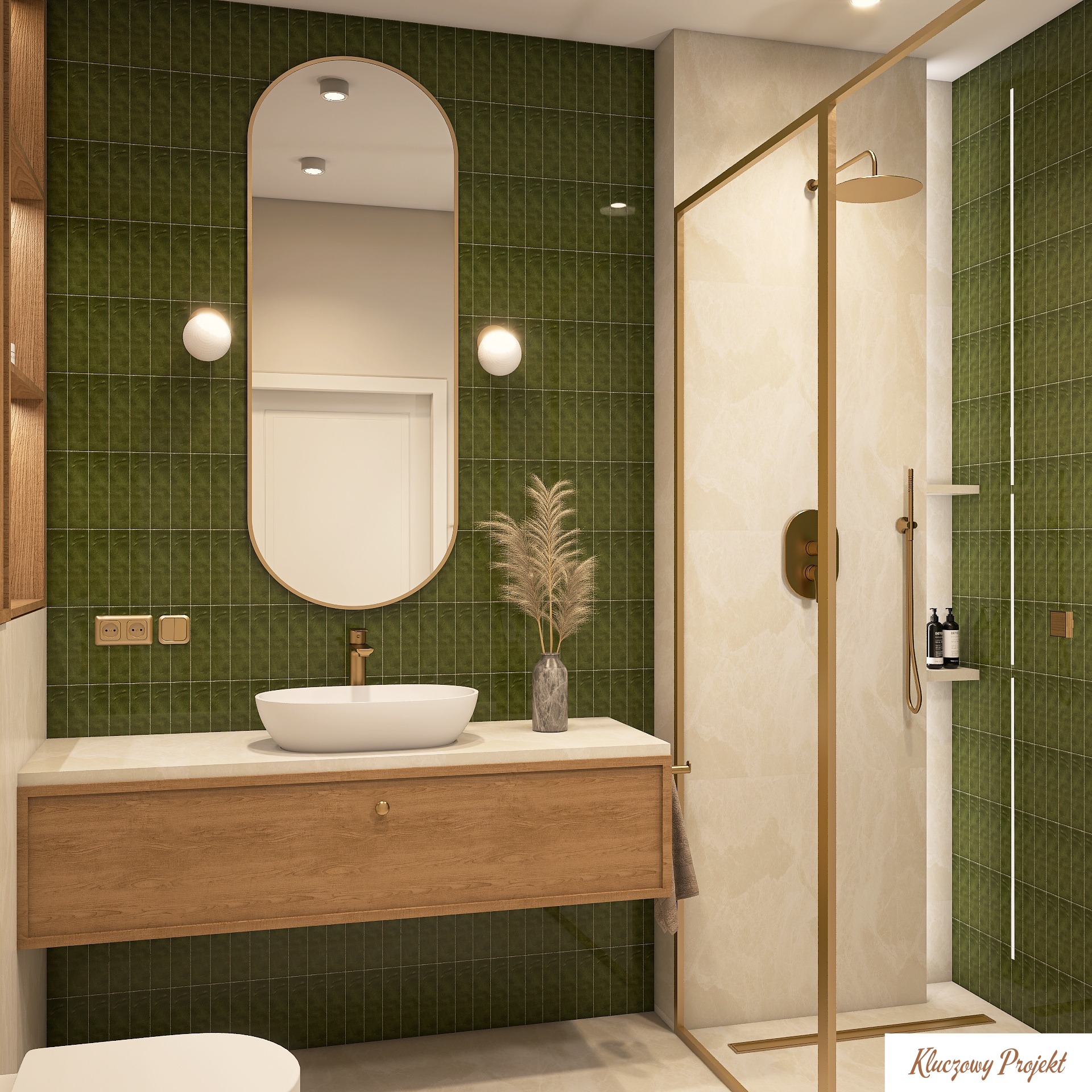 Nowoczesna łazienka z zielonymi płytkami, owalnym lustrem i kabiną prysznicową w złotej ramie. Umywalka nablatowa, drewniana szafka pod umywalką. Minimalistyczny design.