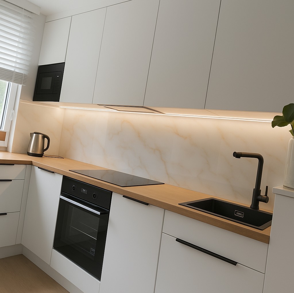 Nowoczesna kuchnia z białymi szafkami, drewnianym blatem i marmurowym panelem ściennym podświetlonym LED. Czarny zlew i bateria, minimalistyczny design.