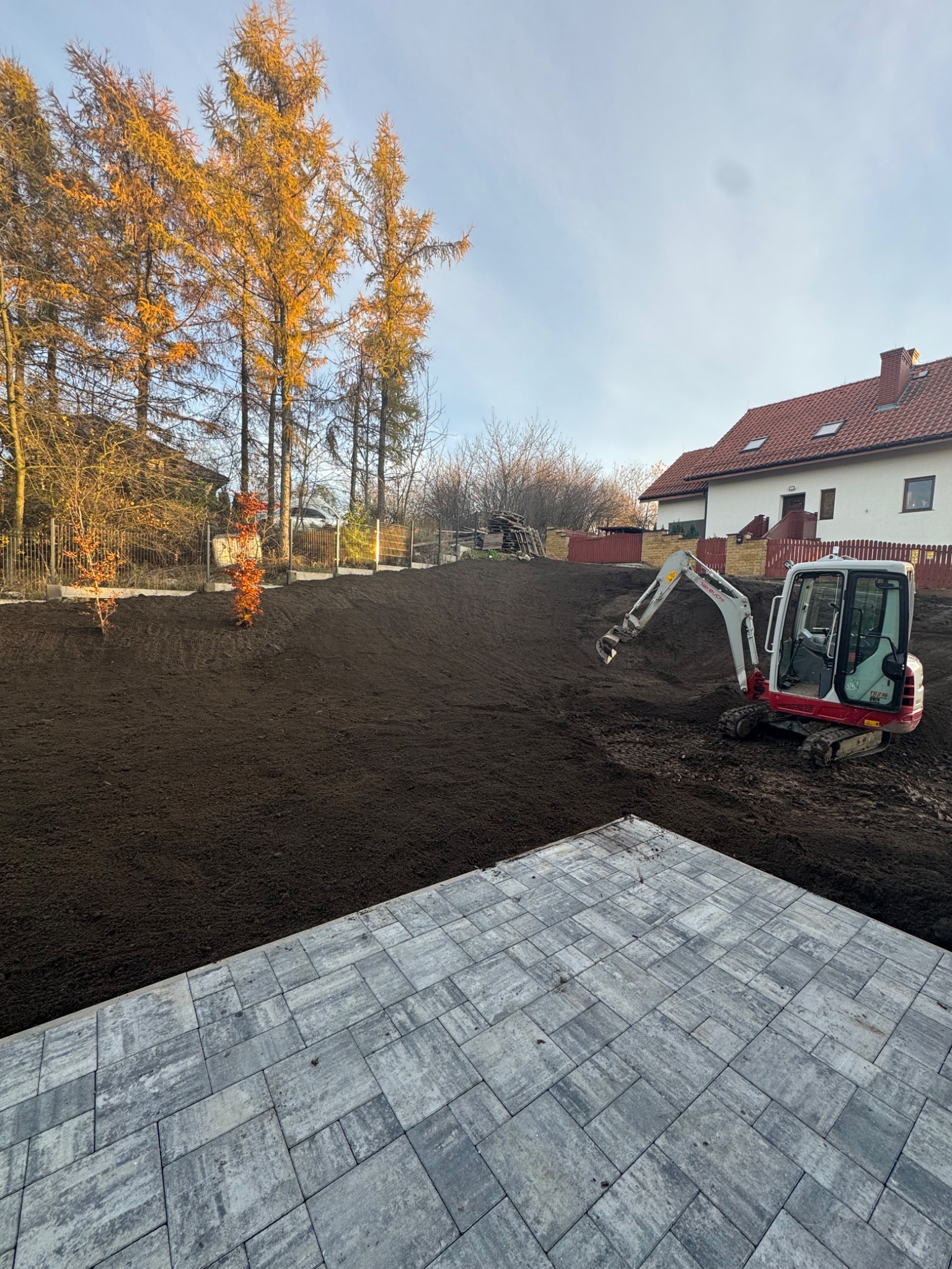 Mini koparka Takeuchi TB216 na wyrównanym terenie działki z młodymi drzewkami, widok z poziomu ułożonej kostki brukowej. Prace ziemne w jesiennej scenerii.