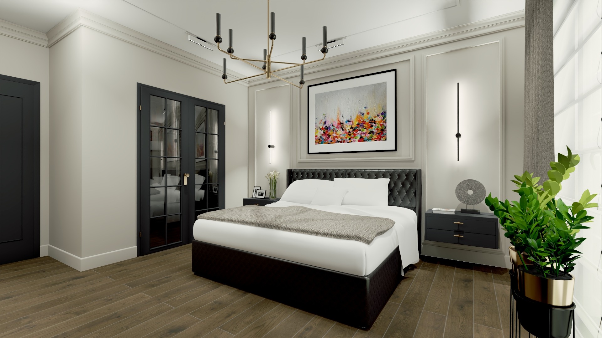 Elegancka sypialnia w odcieniach bieli i czerni. Na ścianie abstrakcyjny obraz, nad łóżkiem designerski żyrandol. Drewniana podłoga i roślina doniczkowa dodają przytulności.
