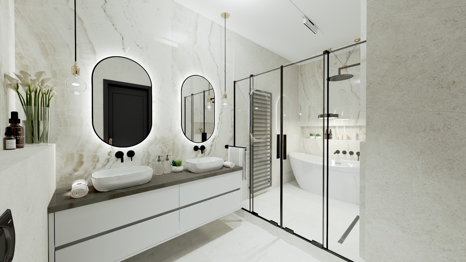 Elegancka łazienka z owalnymi lustrami podświetlanymi LED, białą umywalką nablatową i kabiną prysznicową typu walk-in z czarnymi ramami. Marmurowe płytki na ścianach.