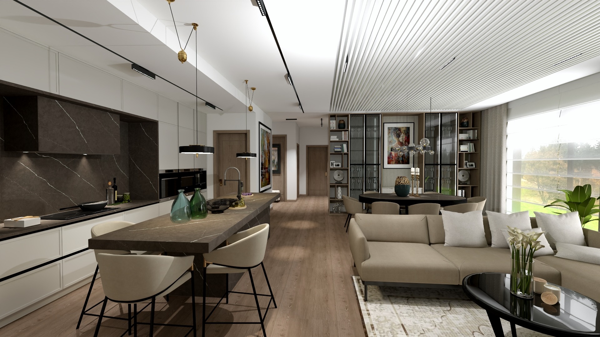 Nowoczesna aranżacja wnętrza z otwartą kuchnią i salonem w Rzeszowie. Minimalistyczne meble kuchenne z wyspą, eleganckie oświetlenie i stonowana kolorystyka.