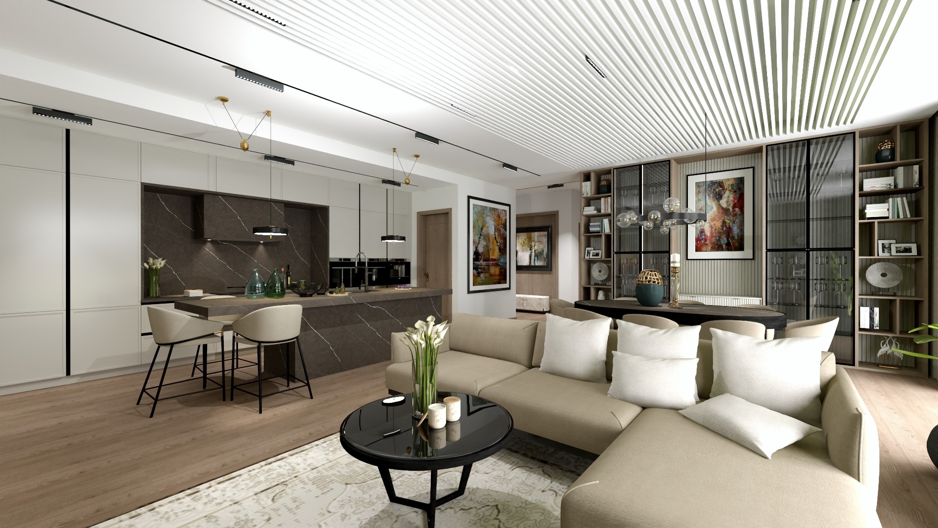 Nowoczesne wnętrze: otwarta kuchnia z wyspą i salon z beżową sofą. Białe ściany, drewniana podłoga, designerskie oświetlenie. Marmurowy blat wyspy, minimalistyczne krzesła barowe.