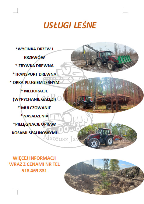 Usługi leśne: wycinka, zrywka, transport drewna, orka pługiem, melioracje, mulczowanie, nasadzenia, pielęgnacja upraw. Na zdjęciach maszyny leśne w akcji.