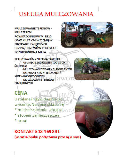 Ogłoszenie usługi mulczowania z użyciem mulczera powierzchniowego RS20, obejmującej usuwanie zadrzewień i mulczowanie działek budowlanych. Kontakt telefoniczny.