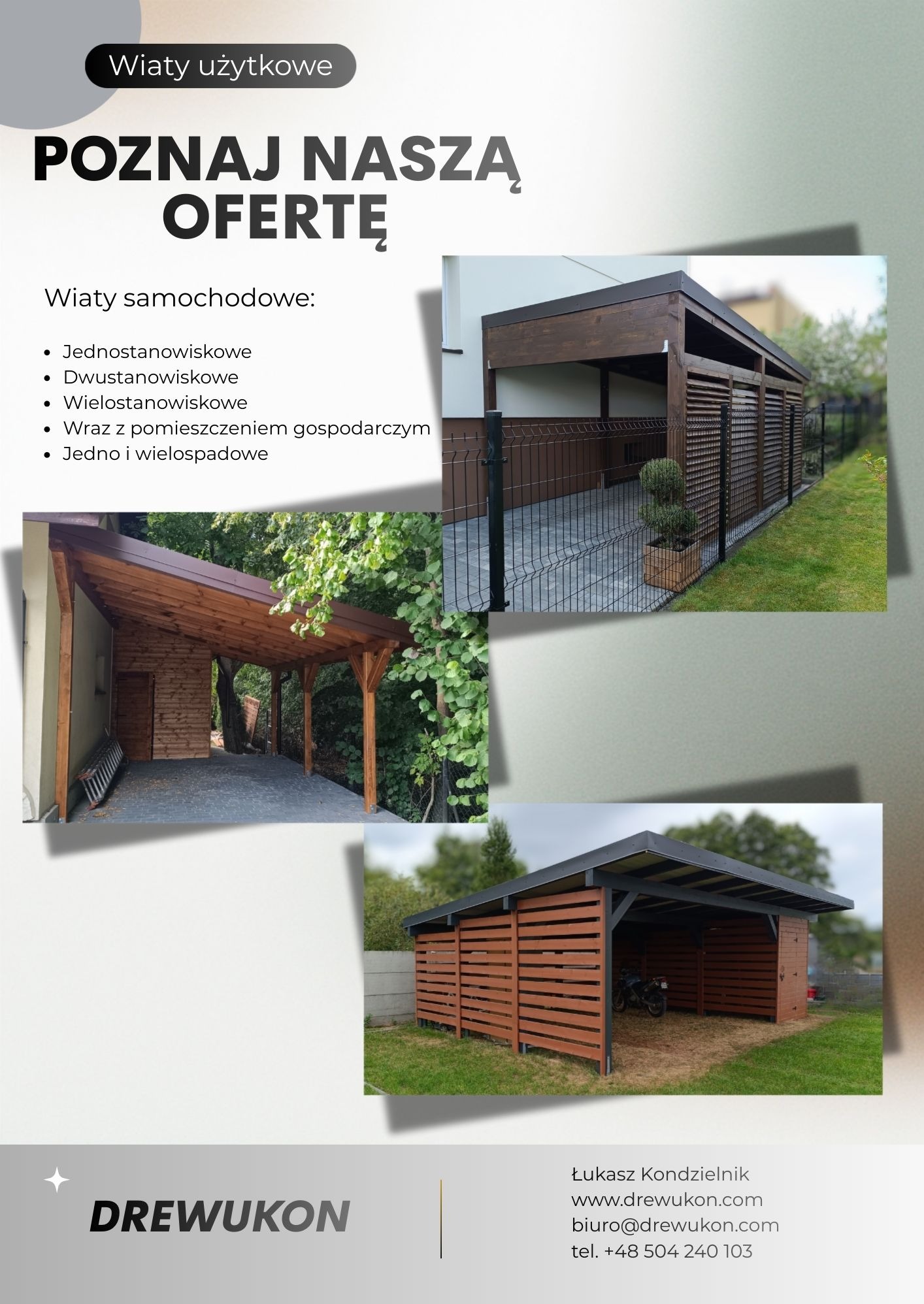 Kompilacja zdjęć wiat samochodowych: jednostanowiskowa z pomieszczeniem, dwustanowiskowa z zadaszeniem i wielostanowiskowa z ażurowymi ścianami.