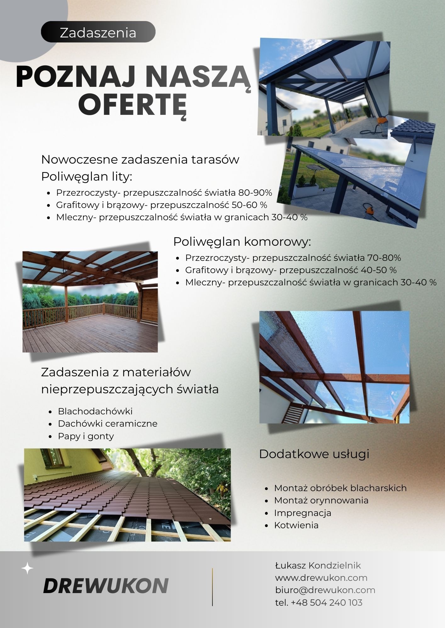 Zestawienie zdjęć zadaszeń tarasowych: poliwęglan lity/komorowy, blachodachówka. Dodatkowe usługi: montaż obróbek blacharskich, orynnowania, impregnacja, kotwienia.