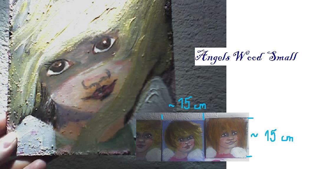 Ręcznie malowany portret anioła na małej desce, widoczne faktury farby, obok miniatury innych portretów z wymiarami 15 cm.