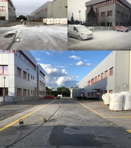 Czyszczenie ciśnieniowe parkingu w Poznaniu. Widoczne budynki biurowe, worki i sprzęt do mycia. Górne kadry pokazują stan przed, dolny po czyszczeniu.