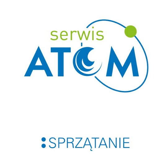 Logo firmy 'Serwis ATOM' z zielonym akcentem i dopiskiem 'Sprzątanie' w dolnej części. Grafika w odcieniach błękitu i zieleni na białym tle.