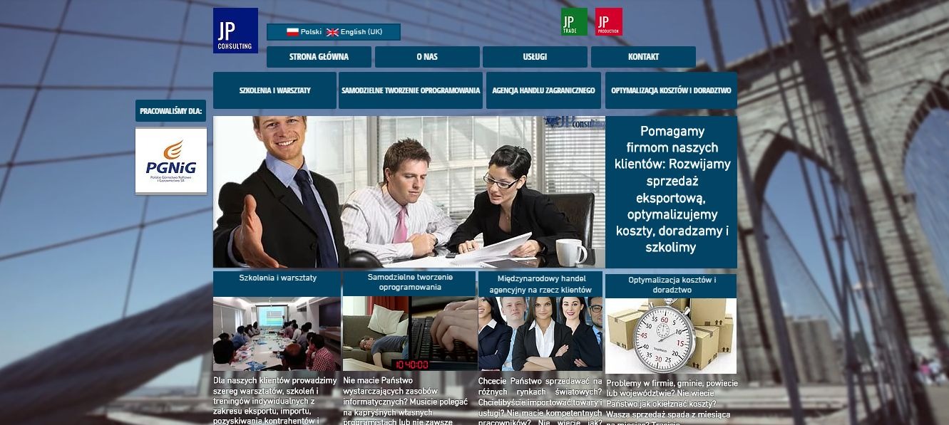 Strona internetowa firmy konsultingowej JP Consulting z ofertą szkoleń, tworzenia oprogramowania, handlu zagranicznego i optymalizacji kosztów. Logo PGNIG jako klient.