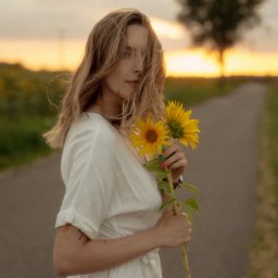 fredieme.photo - Alfred Wiśniewski - Portret kobiety w białej sukience trzymającej dwa słoneczniki na tle drogi i zachodzącego słońca. Delikatne, naturalne światło podkreśla subtelność ujęcia.