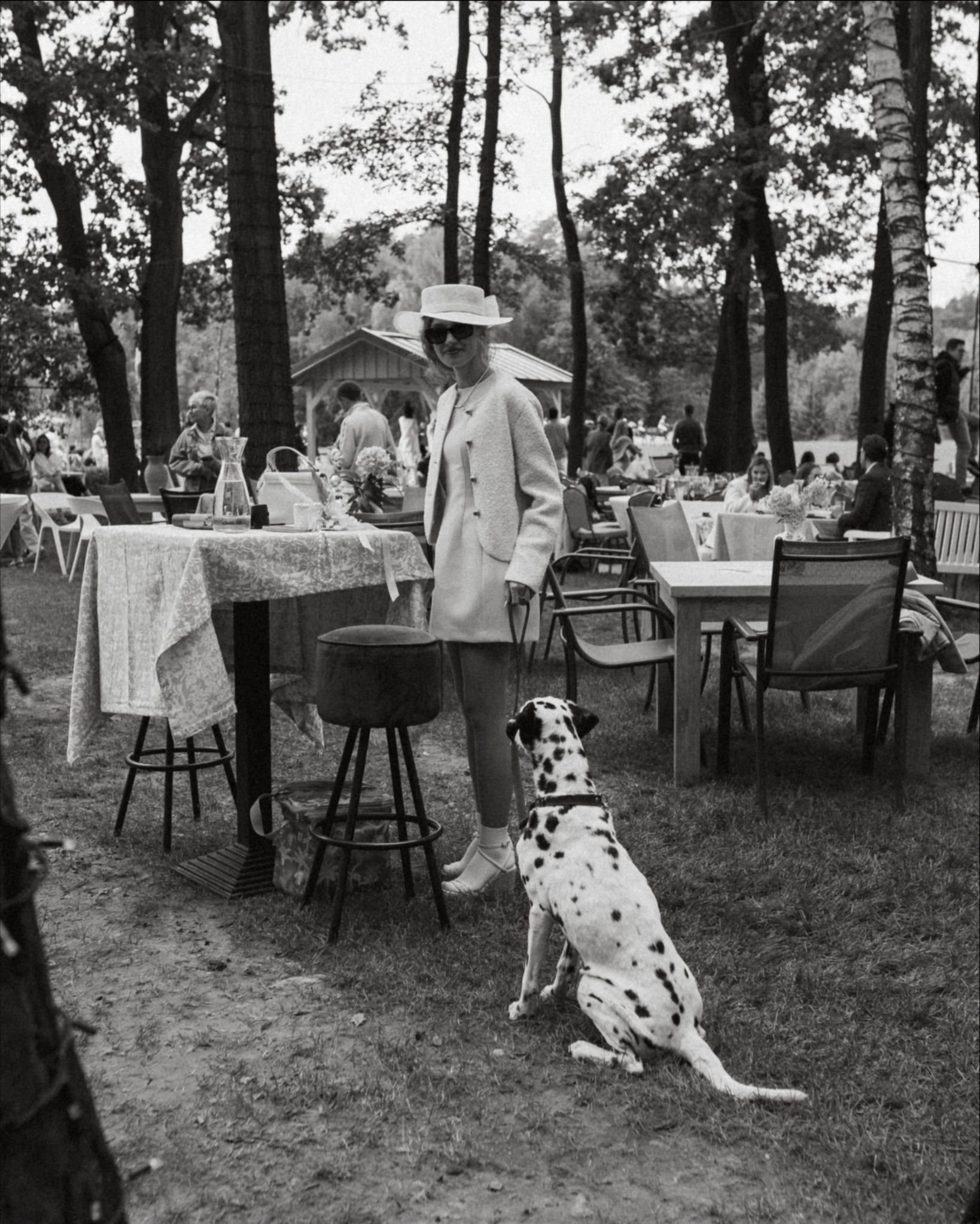 Czarno-białe zdjęcie z plenerowego przyjęcia: kobieta w kapeluszu i płaszczu stoi obok dalmatyńczyka. W tle stoły z gośćmi i drzewa.