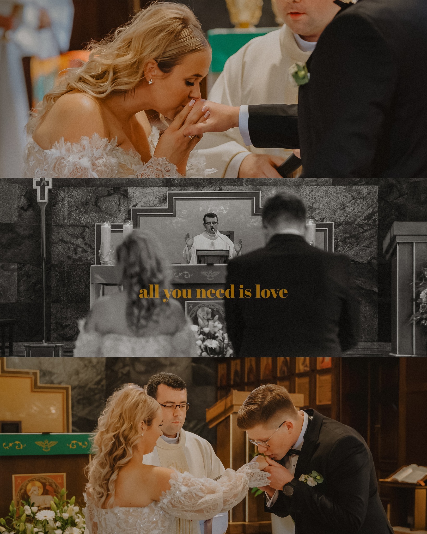 Kolaż z trzech ujęć ślubnych: Panna młoda całuje dłoń pana młodego, para przed ołtarzem z napisem 'all you need is love', powtórzenie gestu z innym księdzem.