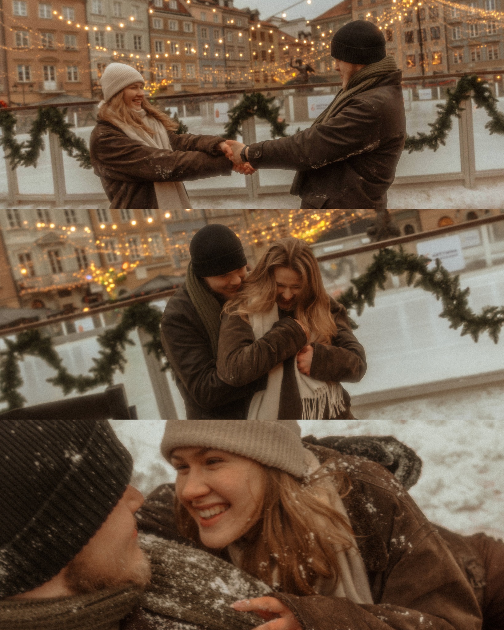 Kolaż z trzech ujęć pary na tle zimowego krajobrazu Warszawy, z dekoracjami świątecznymi i ciepłym oświetleniem, uchwyconych w radosnych interakcjach.
