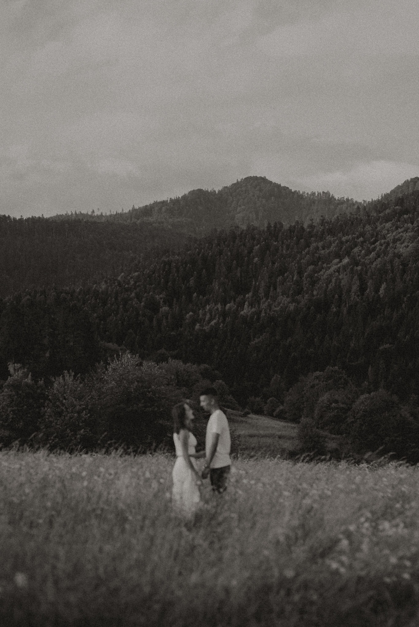 Czarno-białe zdjęcie pary stojącej na łące z górami w tle, uchwycone w pochmurny dzień. Delikatne rozmycie dodaje intymności scenie.
