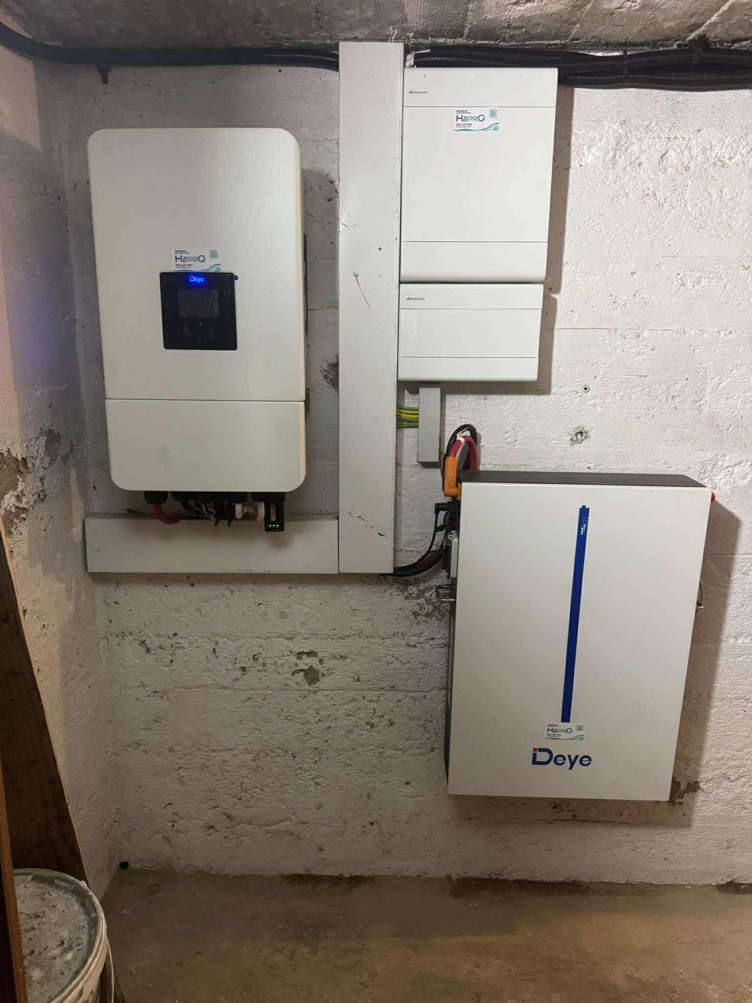Zamontowany system magazynowania energii Deye z inwerterem H2PRO na ścianie z surowego betonu. Widoczne przewody i elementy instalacji.
