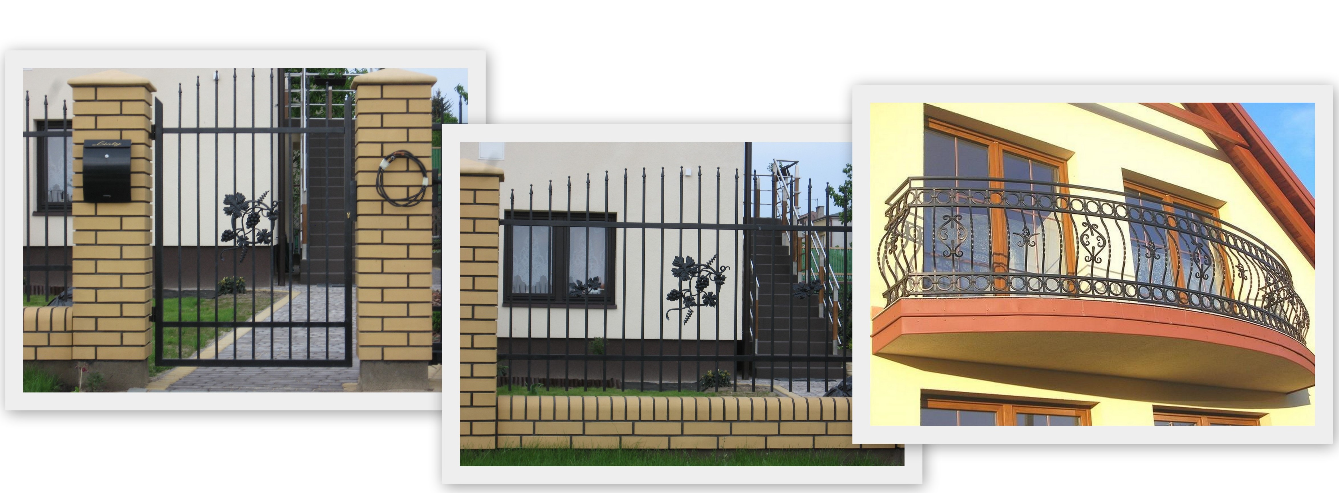 Prezentacja trzech elementów: brama wjazdowa z czarnego metalu z dekoracją w motywie winogron, ogrodzenie z dekoracją w motywie winogron oraz balkon z ozdobną, kutą balustradą.