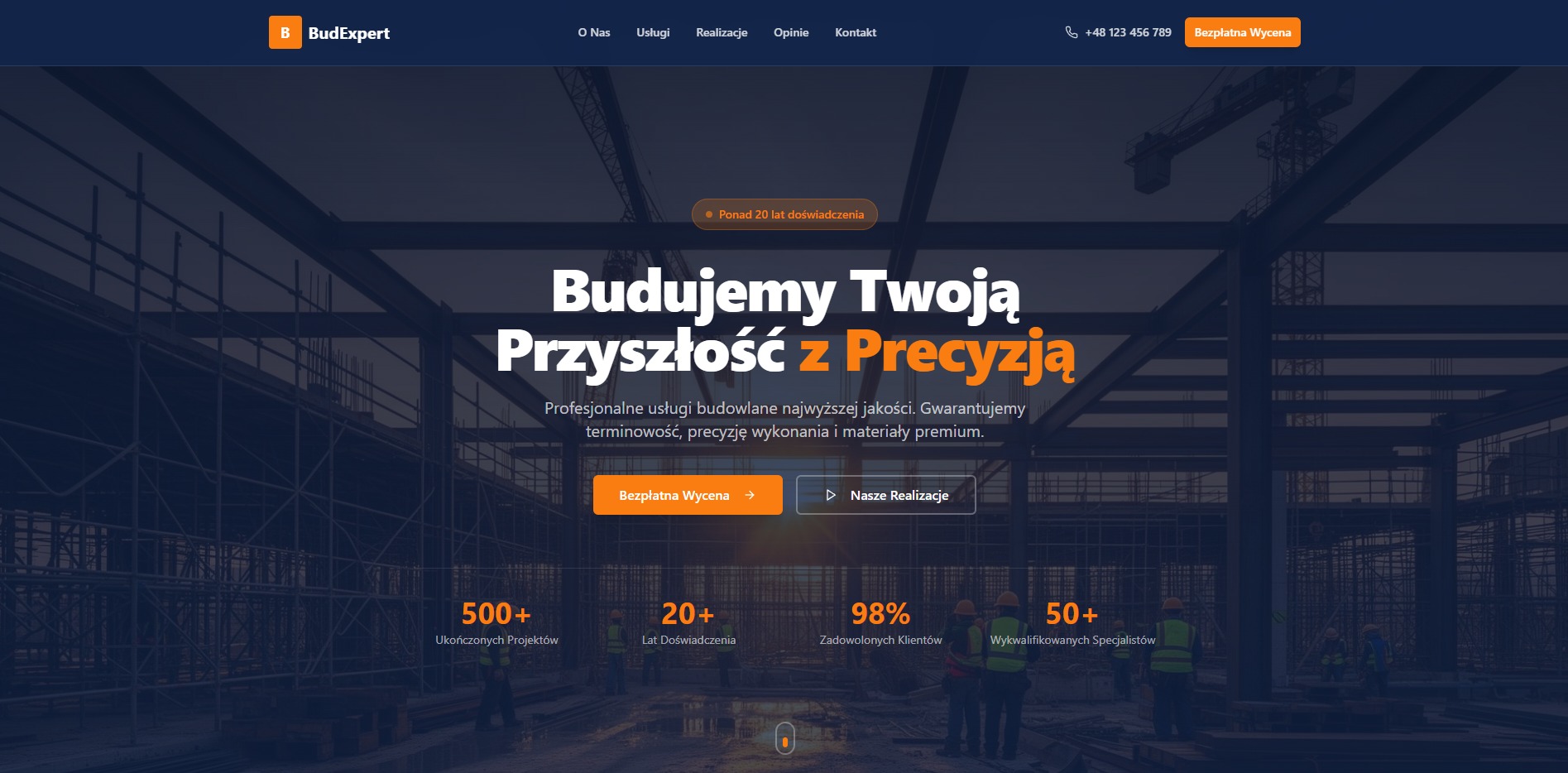 Strona internetowa firmy budowlanej BudExpert z hasłem 'Budujemy Twoją Przyszłość z Precyzją', widok na plac budowy w tle, przyciski 'Bezpłatna Wycena' i 'Nasze Realizacje'.