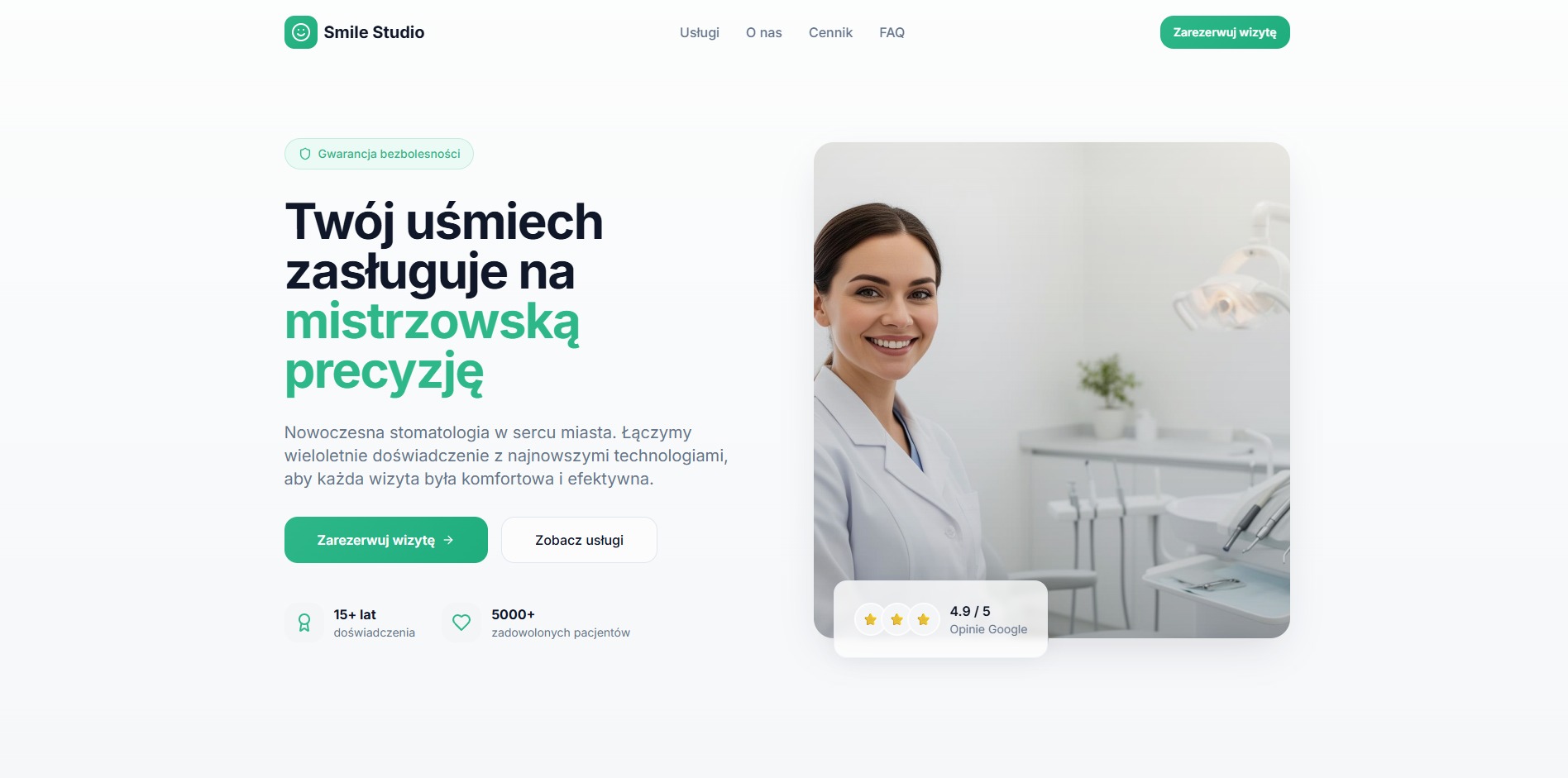 Strona internetowa gabinetu stomatologicznego Smile Studio z uśmiechniętą lekarką w tle, zachęcająca do rezerwacji wizyty i podkreślająca nowoczesność i precyzję usług.