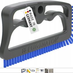 Anton Redko - Szczotka do fug FUGNATOR z niebieskim włosiem i szarą rączką, zawieszka z napisem 'Made in Germany' na białym tle, widok z bliska na białym tle.