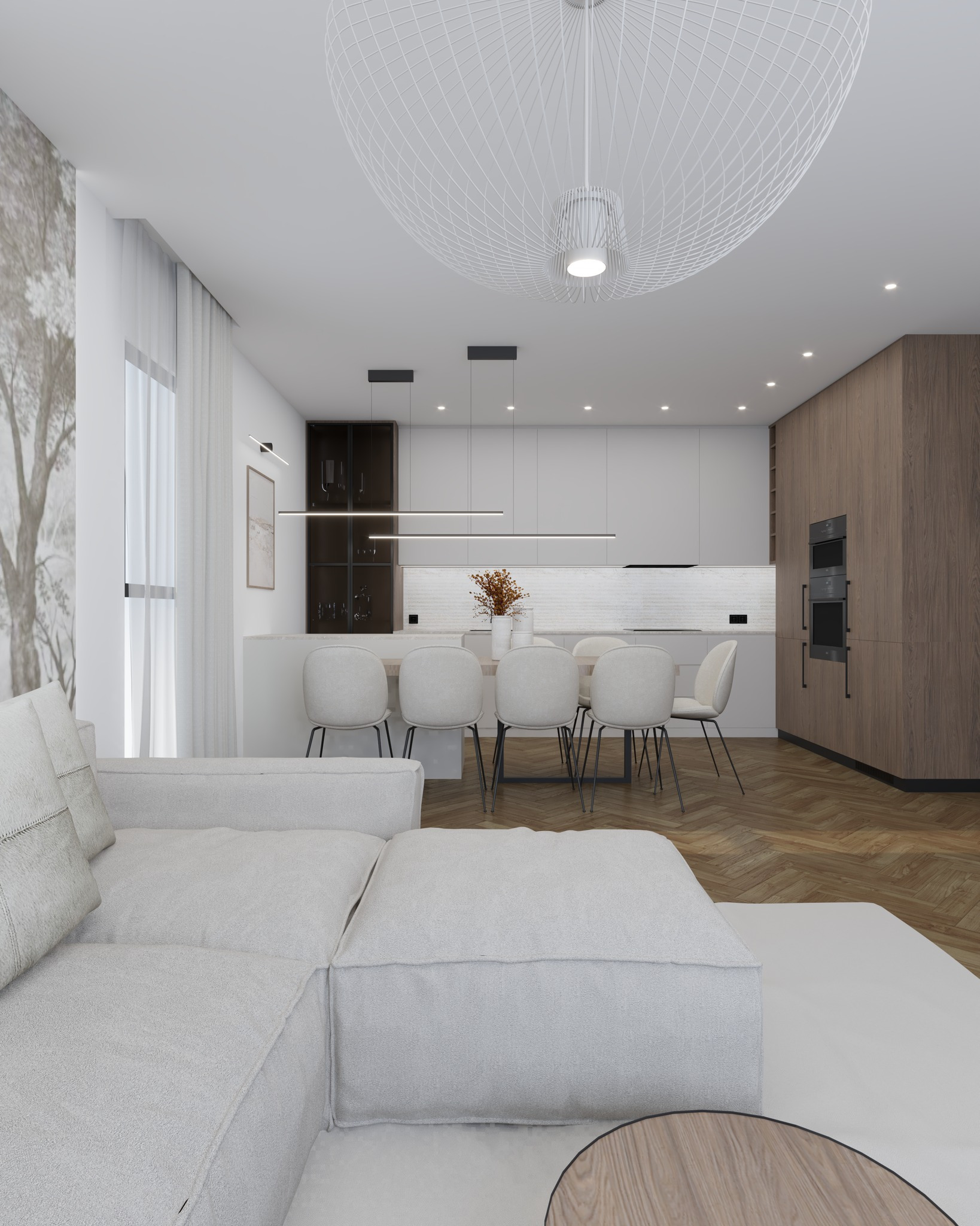 Jasne wnętrze: salon z sofą modułową, jadalnia z krzesłami i kuchnia z drewnianymi akcentami. Minimalistyczny design, parkiet w jodełkę, nowoczesne oświetlenie.