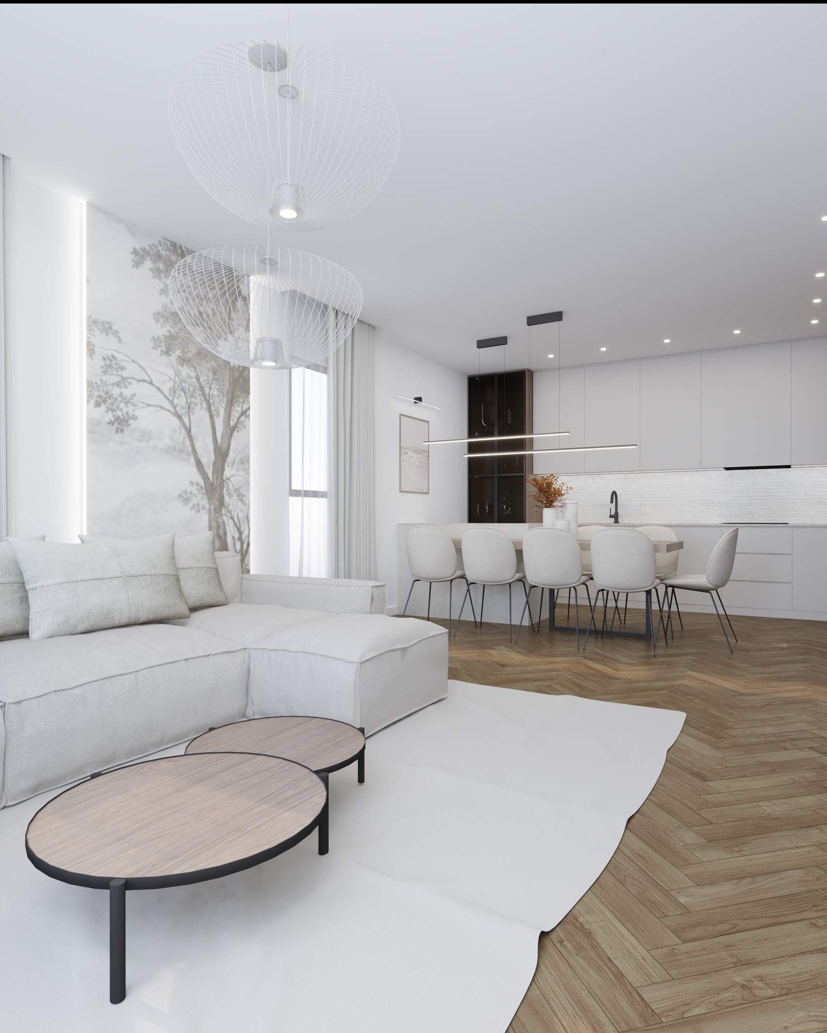 Jasne wnętrze: salon z sofą, okrągłe stoliki kawowe, dywan i otwarta kuchnia z jadalnią. Minimalistyczny design, drewniana podłoga w jodełkę, lampy wiszące.