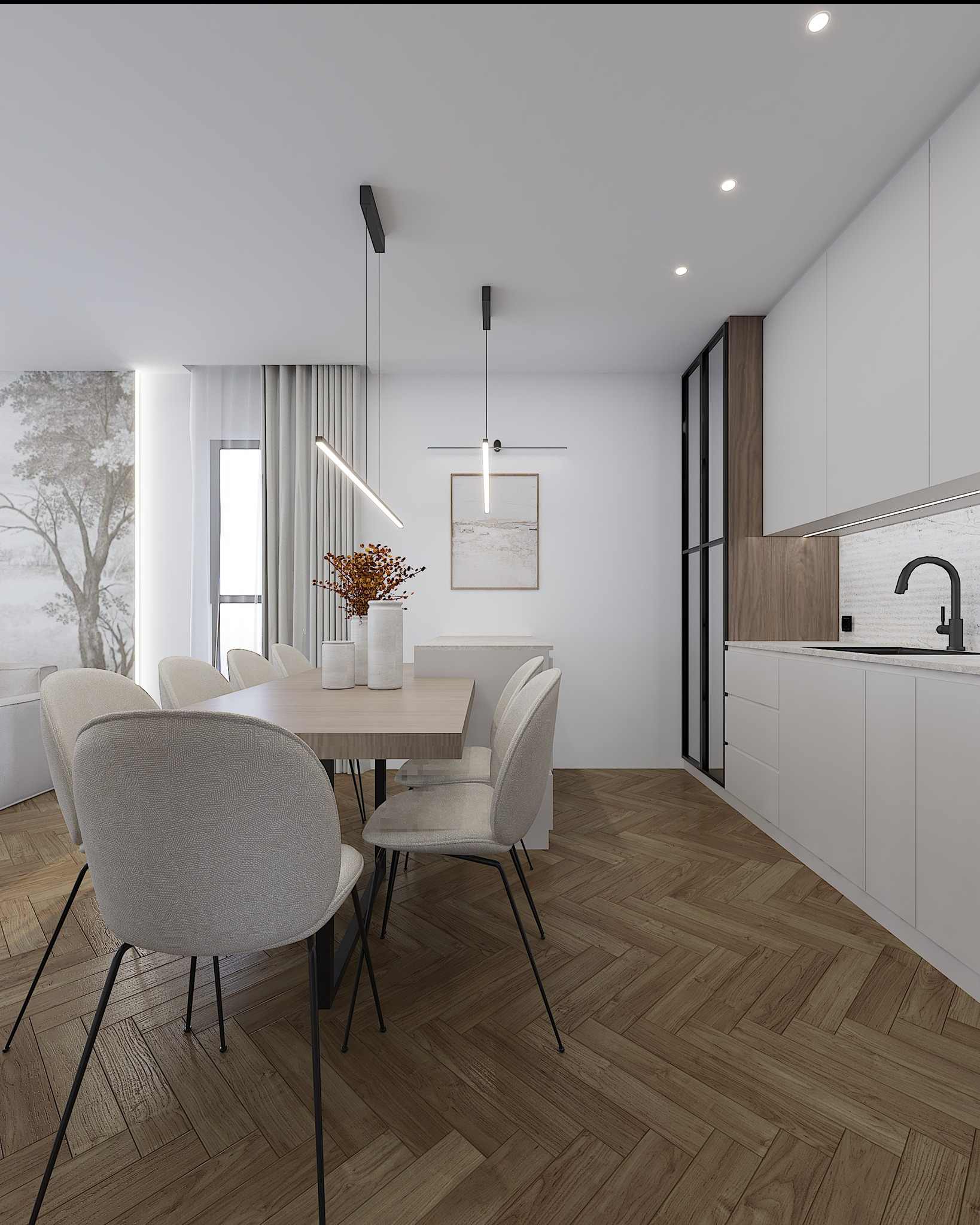 Jasna jadalnia z parkietem w jodełkę: stół z dekoracją, krzesła z tapicerką, minimalistyczne oświetlenie i zabudowa kuchenna w tle. Nowoczesny design.