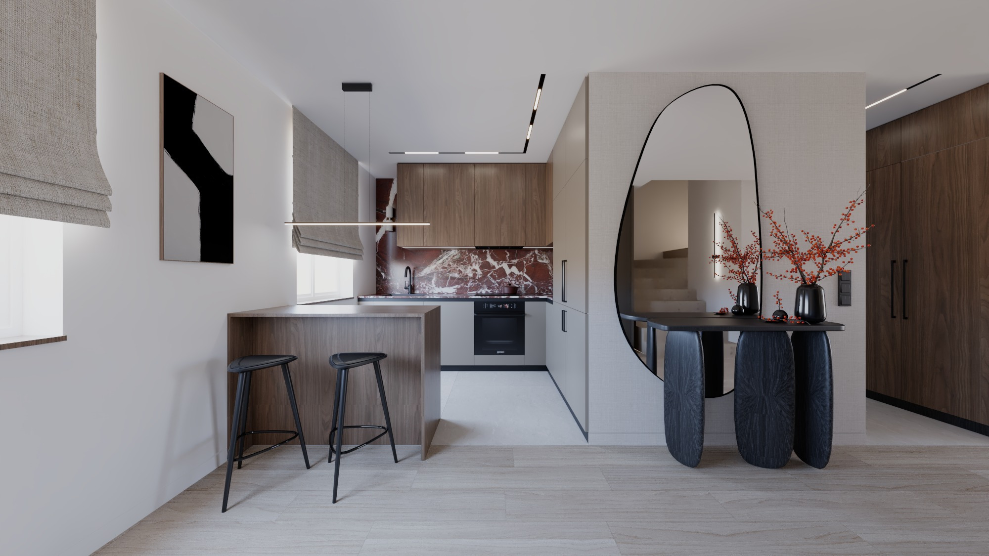 Nowoczesna kuchnia z marmurowym blatem i drewnianymi szafkami, oświetlona listwami LED. Na pierwszym planie wysoki stół barowy z dwoma stołkami.
