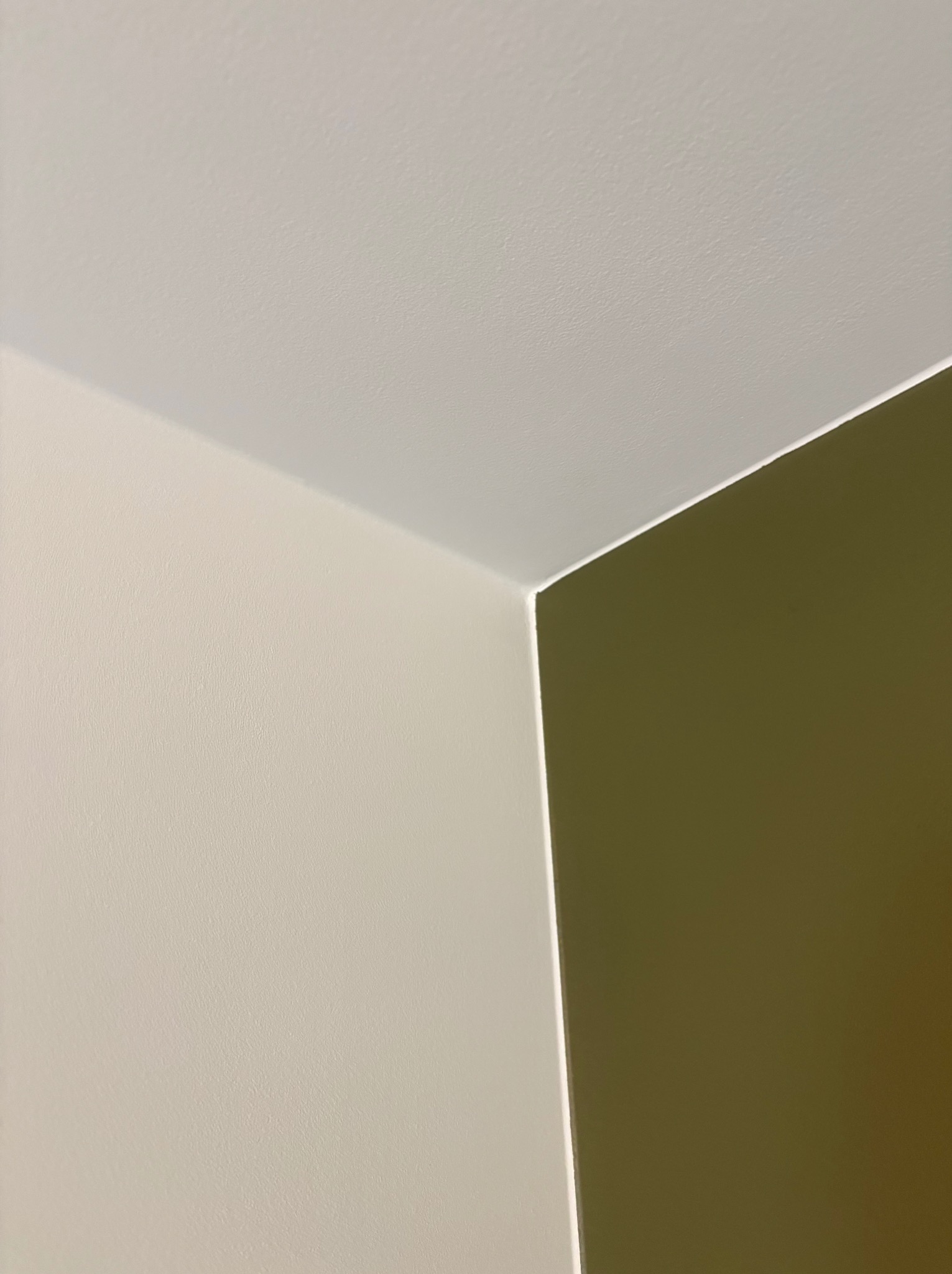 Ściana pomalowana na dwa kolory: jasny beż i oliwkowy, z widocznym narożnikiem i fragmentem sufitu. Gładka faktura farby, oświetlenie naturalne.