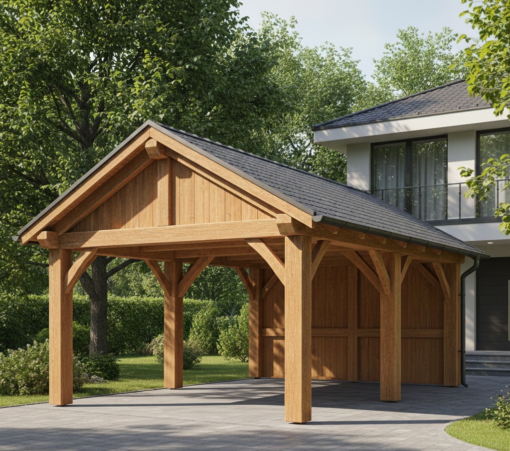 Drewniana wiata garażowa z szarym dachem na tle domu i zieleni. Konstrukcja z belek, widoczne detale łączeń. Ujęcie z zewnątrz, w słoneczny dzień.